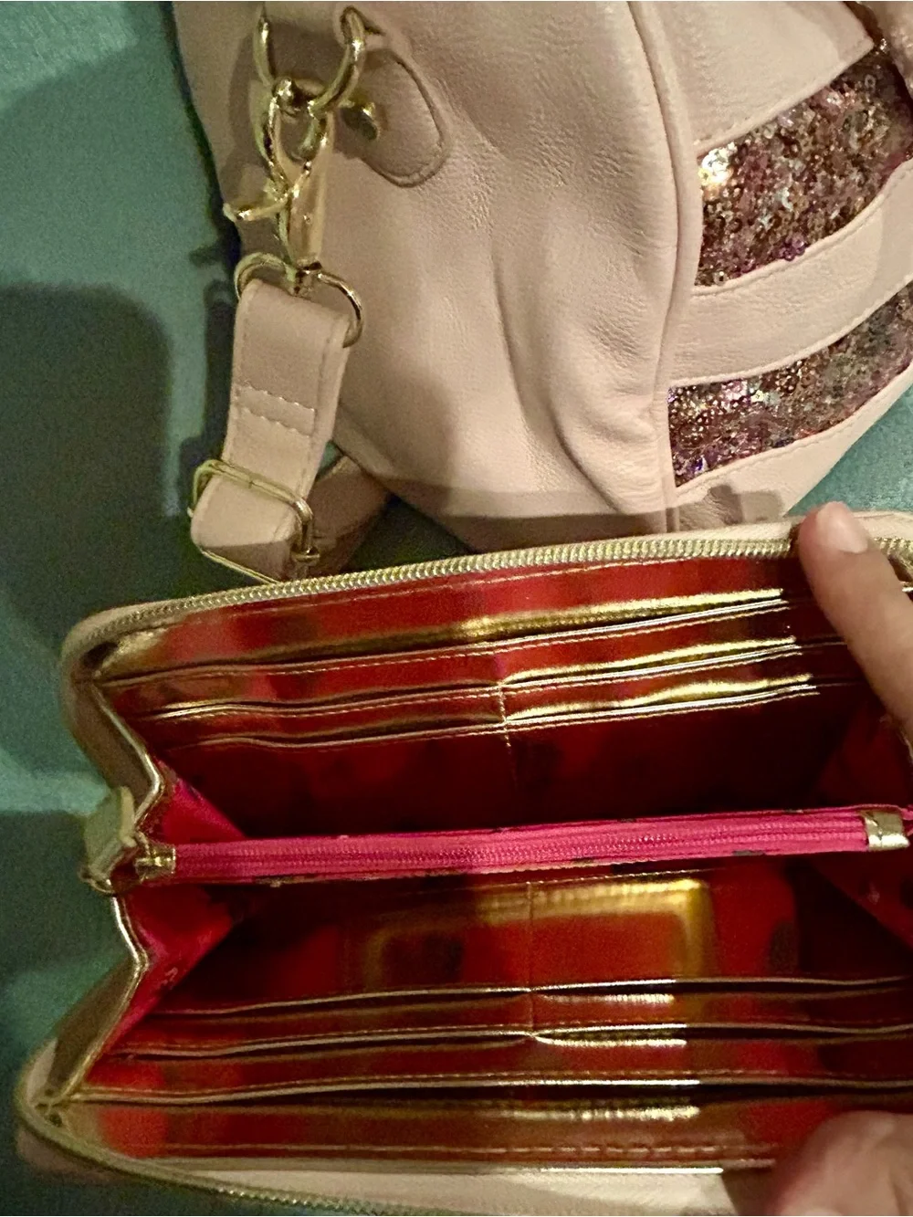 RARE! 2011 Betsey Johnson Blush Pink Sequin Stripe Satchel with Matching Wallet